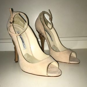 Brian Atwood nude suede open toe heels
